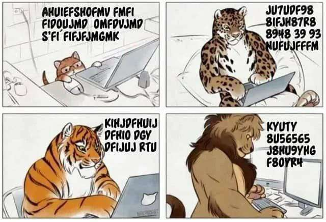 a housecat and big wild cats typing at computers. the original joke is the cat is asking the big cats for advice. in this comic they are all keysmashing because they are cats and cant type
