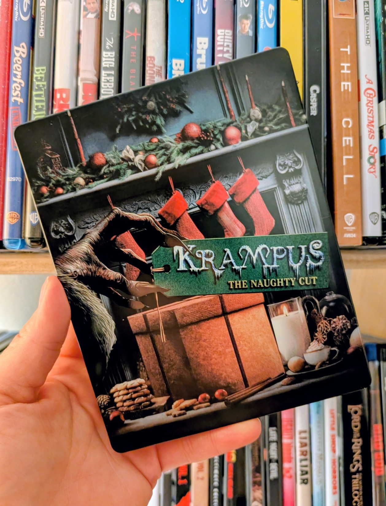 A copy of "Krampus: The Naughty Cut" in front of our movie connection